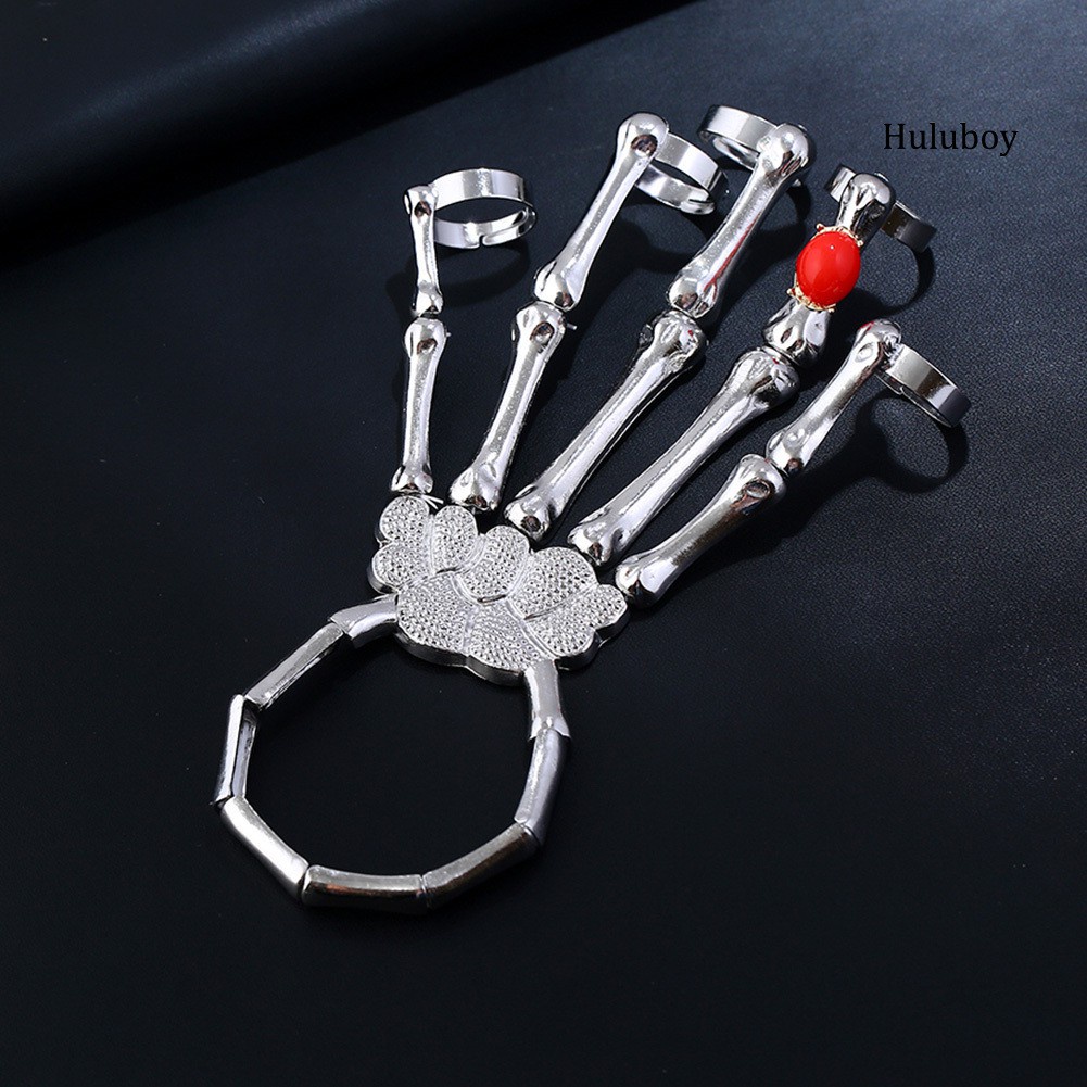 HLB◕Punk Faux Ruby Skeleton Skull Bone Hand Fingers Rings Bracelet Party Bangle