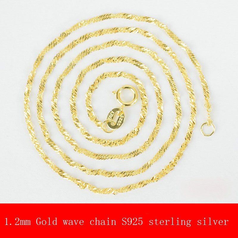 Nyata 925 rantai perak murni  Kalung 18 K Emas rantai gelombang air 16-24 inches Disepuh Emas Sederhana Gadis Fashion Perhiasan Hadiah