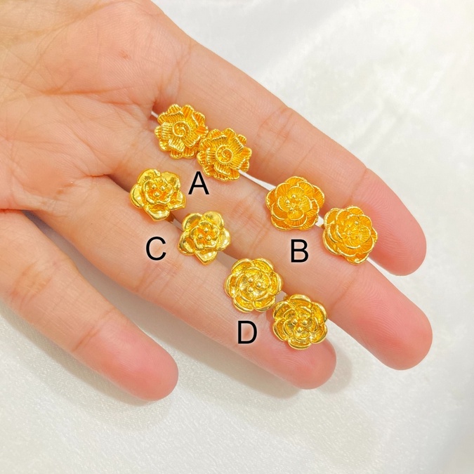 Anting Tusuk Motif Bunga / Mawar Warna 24 Karat Lapis Emas