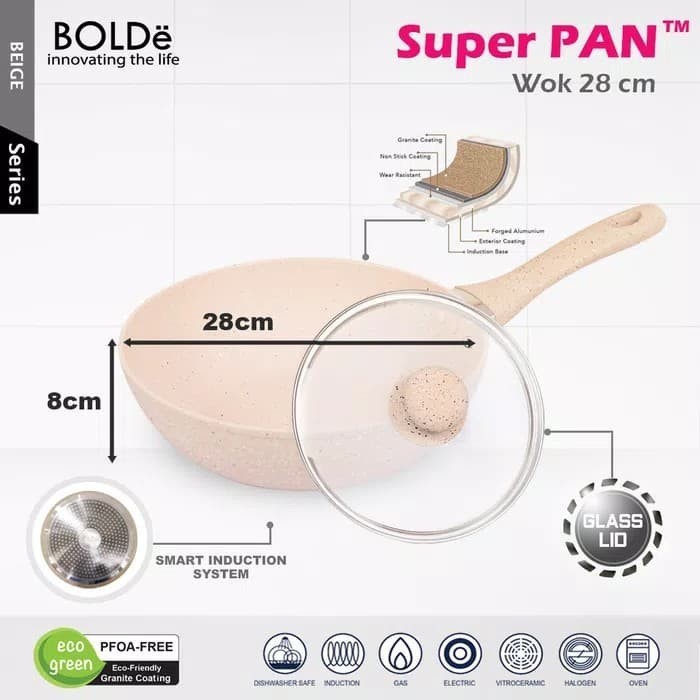 Bolde Super Pan Wok 28cm+Glass Lid/Granite Wok/Panci Granite/ Panci Masak/Alat Dapur