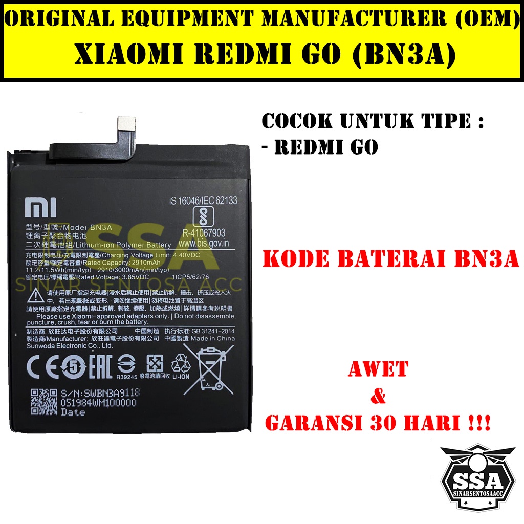 Baterai Xiaomi Redmi Go BN3A RedmiGo XiaomiGo BN3a Redmi BN 3A Original OEM Batu Batere Batre Battery Batrai Batrei ori hp Xiao Mi Garansi