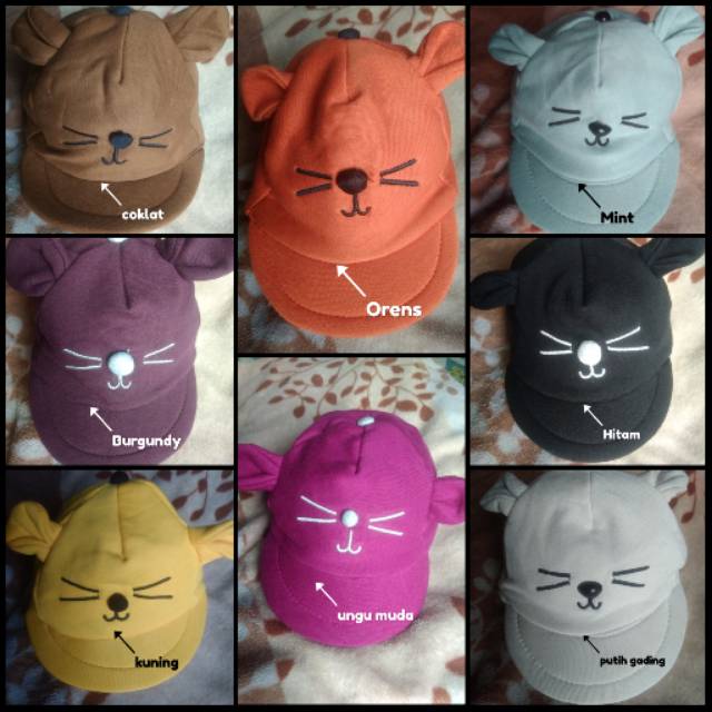 TOPI BAYI / TOPI ANAK KUCING / TOPI BAYI NAMA / TOPI BAYI KUCING/ TOPI KARAKTER BAYI