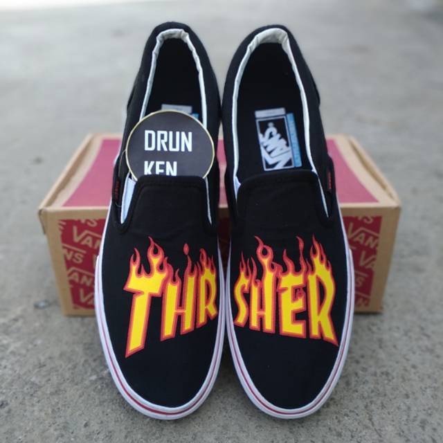 SEPATU VANS SLIP ON PRO X MOTIF THRASHER BLACK WHITE - ORIGINAL - HITAM PUTIH PREMIUM CATUR SEKOLAH