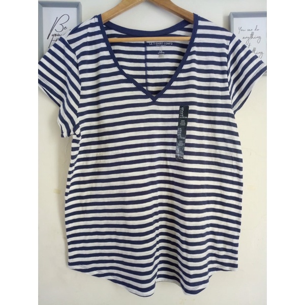 GAP tee salur navy putih/Kaos gap dewasa wanita size XL/Kaos lengan pendek salur V neck strips Jumbo
