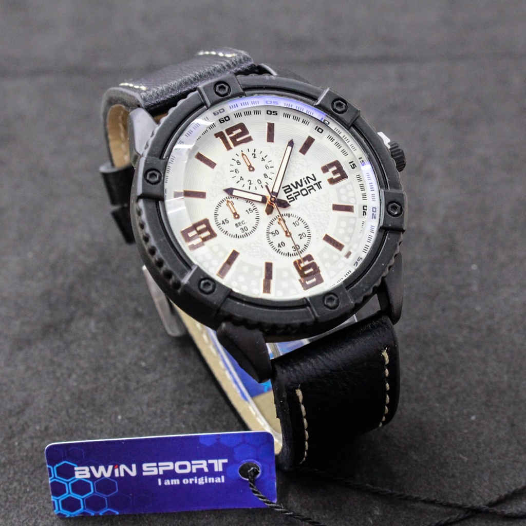 JAM TANGAN PRIA KULIT BWIN SPORT ORIGINAL/ TYPE B505 D = 47mm/ JAM TANGAN KULIT TEBAL/KACA TEBAL/ JAM TANGAN BWIN ANALOG TIME/JAM TANGAN BW505