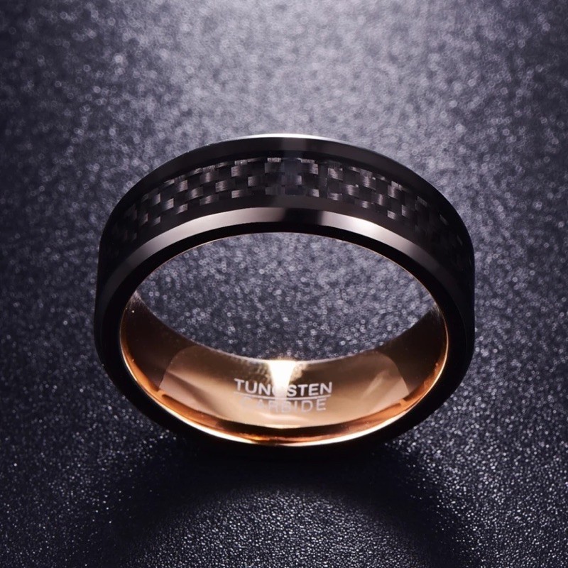 Cincin Pria Tungsten Carbide Original Premium Golden Black Carbon High Quality