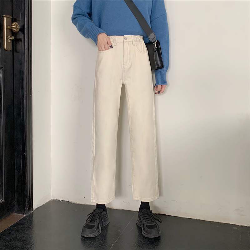 Celana Panjang Boyfriend Karet Celana  Jeans Wanita Highwaist Krem