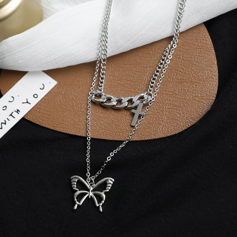 Kalung Rantai Panjang Double Layer Liontin Butterfly Cross Gaya Hip Hop Untuk Unisex