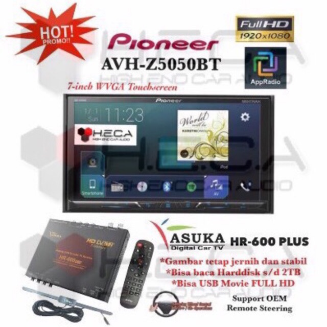 PAKET Pioneer AVH-Z5050BT Head Unit Double Din Tape Mobil Z 5050BT & ASUKA HR-600 TV Tuner Digital
