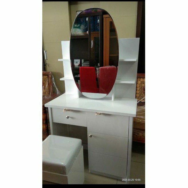 meja rias kayu hpl 80x160 cermin oval bulat