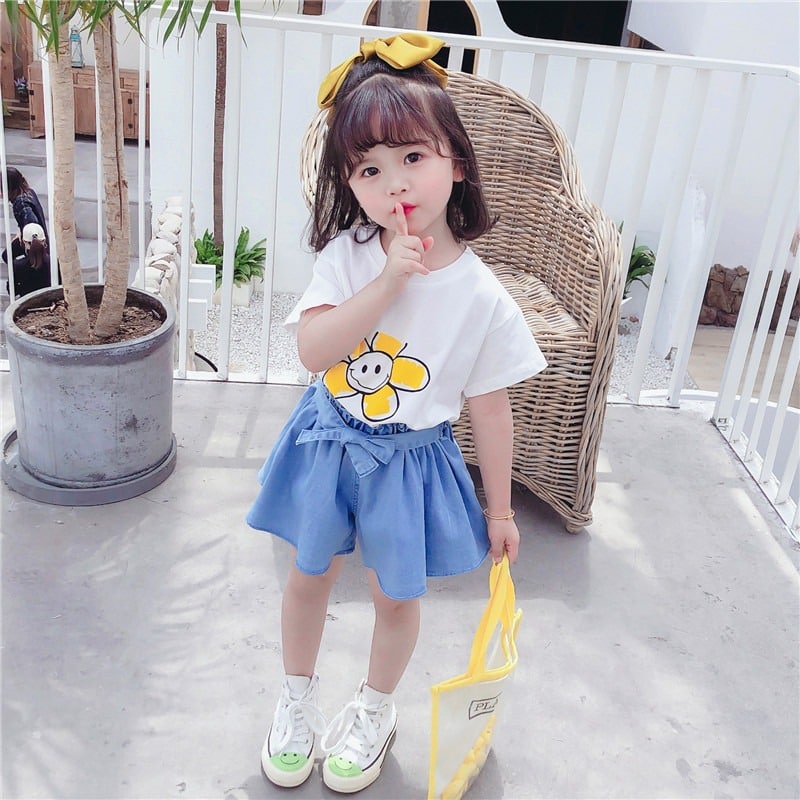 Promo !! Setelan baju anak cewek imut / setelan smile flower so full import ukuran 1tahun (putih)