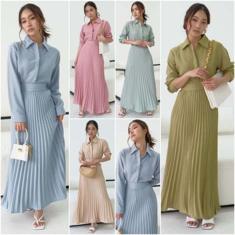 ❣️SPECIAL PRICE ♡ PREMIUM ♡ ORIGINAL ! SAPHIRE 2 IN 1 SET LONG SLEEVE SHIRT +  PLISKET PLEATED MIDI atau MAXI FLARE SKIRT / SETELAN KEMEJA LENGAN PANJANG &amp; ROK PLISKET RAMPLE ( HIJAB &amp; BUSUI FRIENDLY )