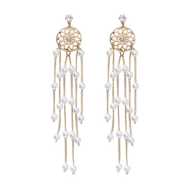 LRC Anting Tusuk Fashion Gold 925 Silver Needle Dreamcatcher Tassel Earrings D42782