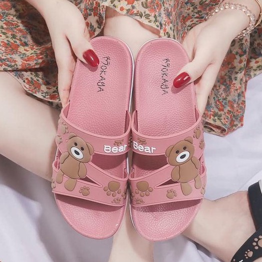 Sandal slop Wanita impor motif TEDDY BEAR lucu - Mokaya 2059 / Sandal slop ban 3 cewek (37-41)-Pink