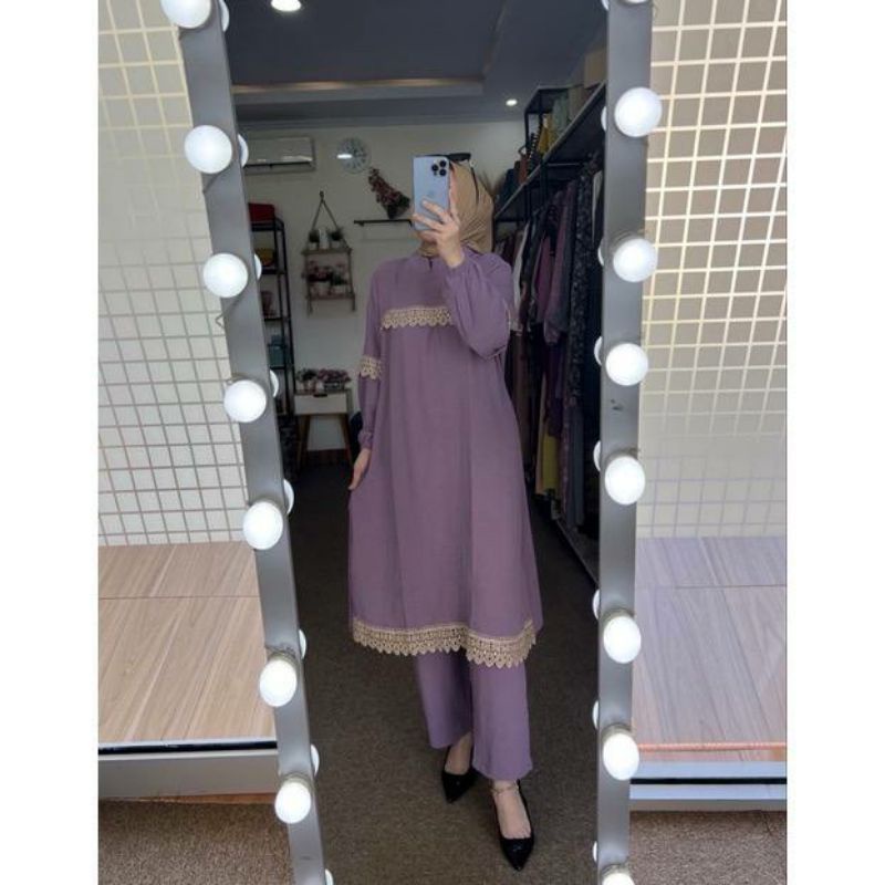 SETELAN WANITA TUNIK RENDA//ONE SET CRINKLE RAYON PREMIUM RENDA /CELANA KULOT PANJANG