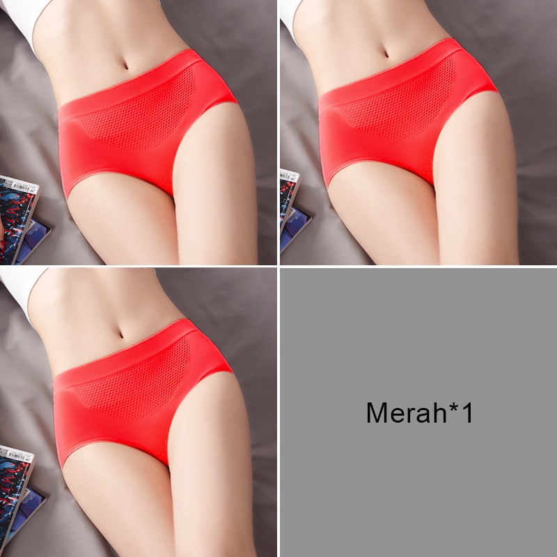 Celana Dalam Wanita Briefs Elastis Seamless Mid Waist Bahan Katun-Merah