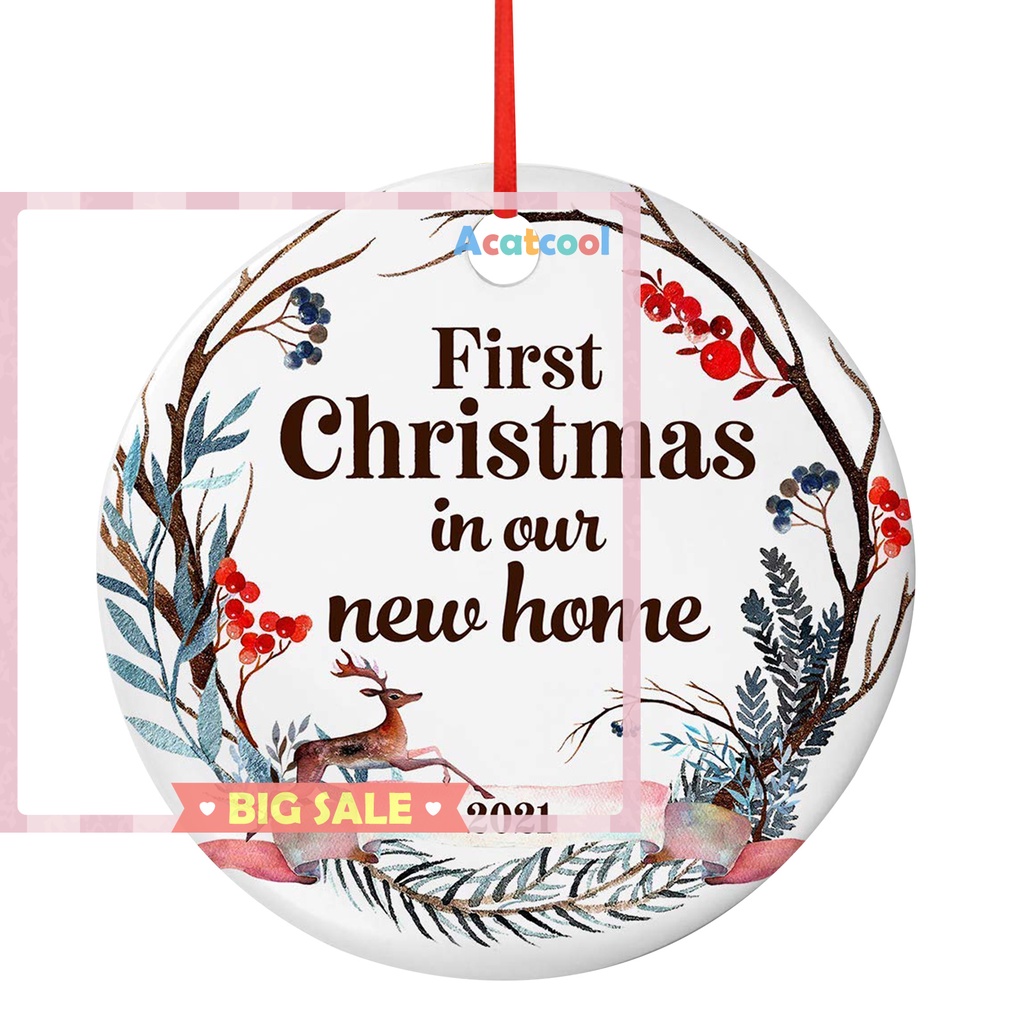 Christmas Acrylic Round Ornament Xmas Tree Hanging Pendant with Red Rope