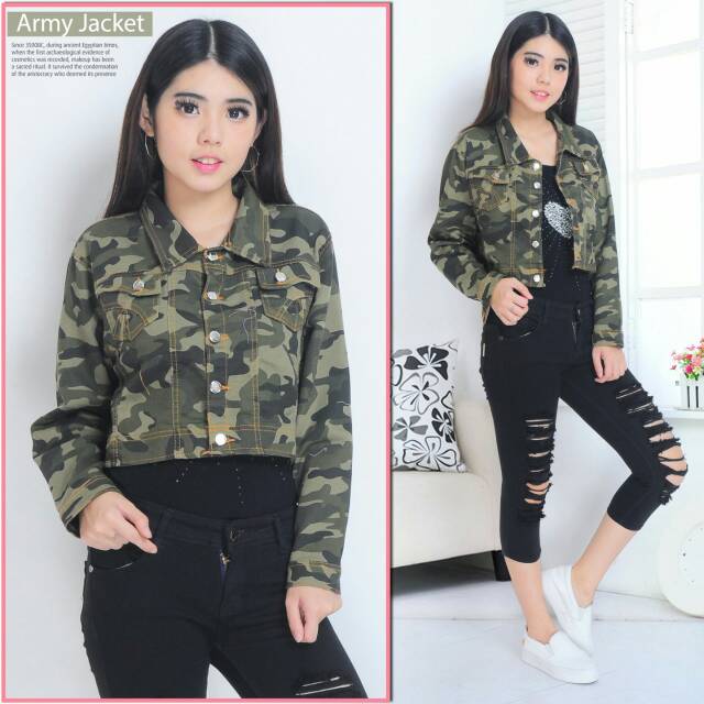 MC girl Jaket Jeans Crop Army Wanita / Jaket Jeans Loreng /Jaket Jeans Body Pendek