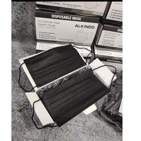 MASKER MEDIS ALKINDO FACE MASK 3 PLY WARNA HITAM PEKAT FULL BLACK KEMENKES