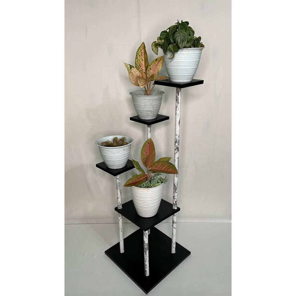 RAK BUNGA MINIMALIS RAK BUNGA SUSUN RAK BUNGA LANTAI TINGKAT 4 BESAR KOTAK HITAM MARMER PUTIH