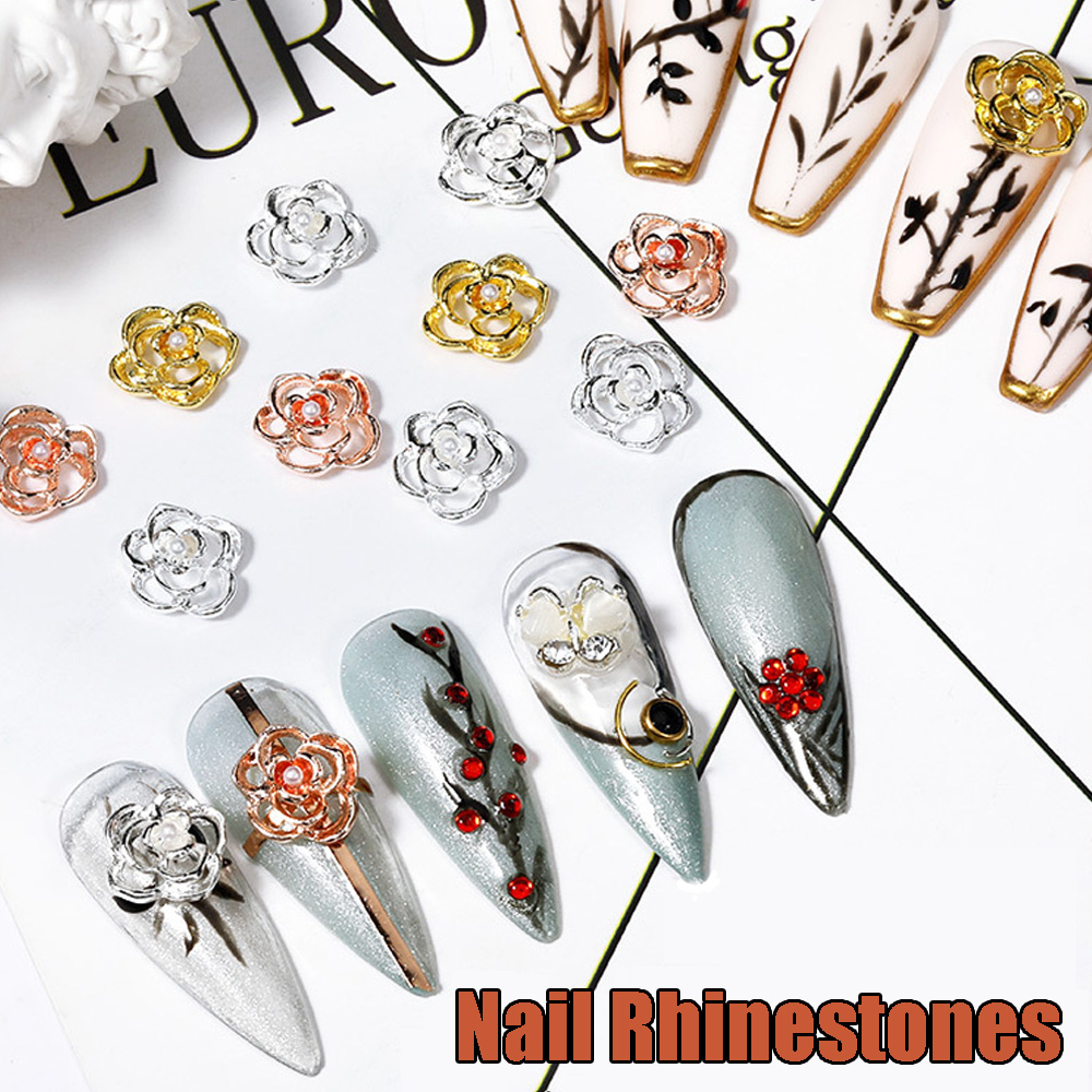 CHARMS 10 Pcs Perhiasan Kuku Berlian Imitasi 3d Bentuk Bunga Mawar Warna Emas Perak Bahan Alloy Untuk Dekorasi Manicure