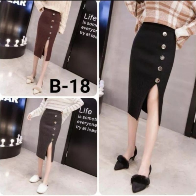 rok span rajut kancing belah pinggir / rok midi skirt import