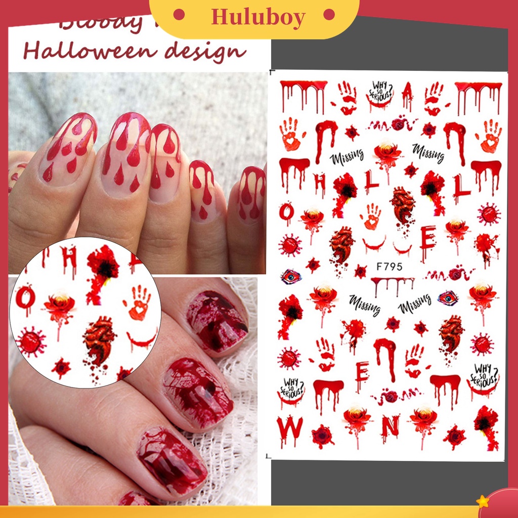 Huluboy Huluboy♡ 2pcs / Set Stiker Kuku Motif Tangan Berdarah Mata Merah Untuk Halloween