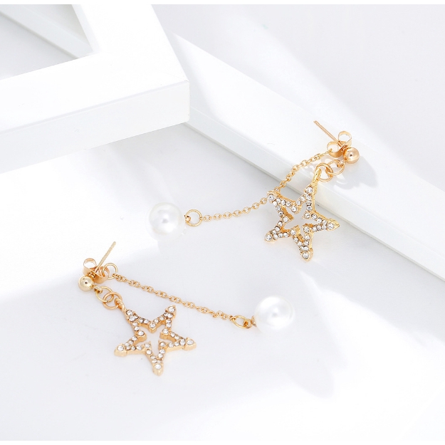 [Bayar Di Tempat] Korea style woman sweet Star Pearl gold earring dangle Tassel Anting studs jewelry-4