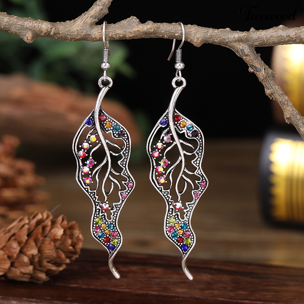 Twowood 1 Pair Hook Earrings Leaf Colored Rhinestones Jewelry Electroplated Long Lasting Drop Earrings for Wedding