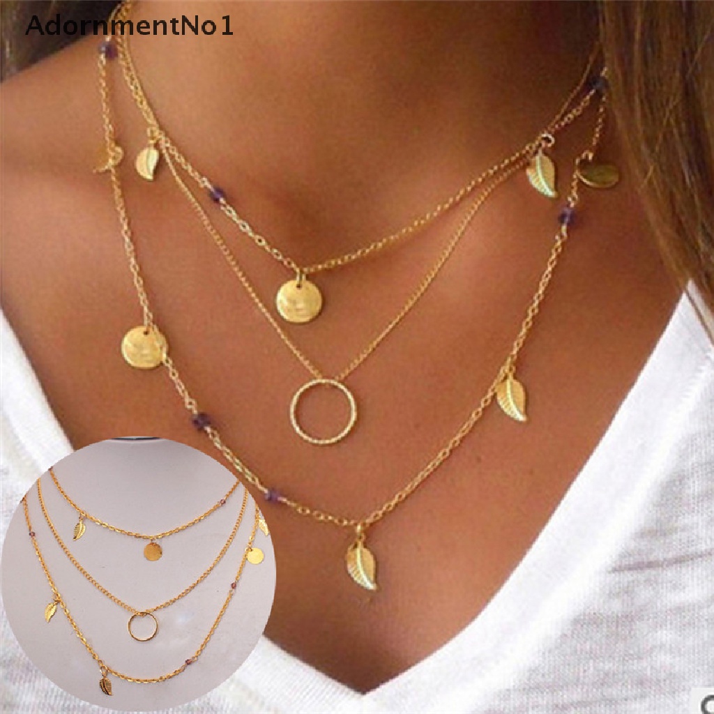 (AdornmentNo1) Kalung Rantai Multilayer Gaya Bohemian Motif Daun Aksen Kristal Untuk Perhiasan Wanita