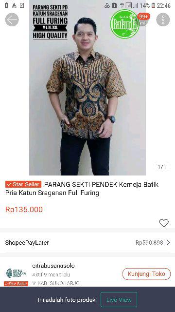 Parang Sekti Pendek Kemeja Batik Pria Katun Sragenan Full Furing