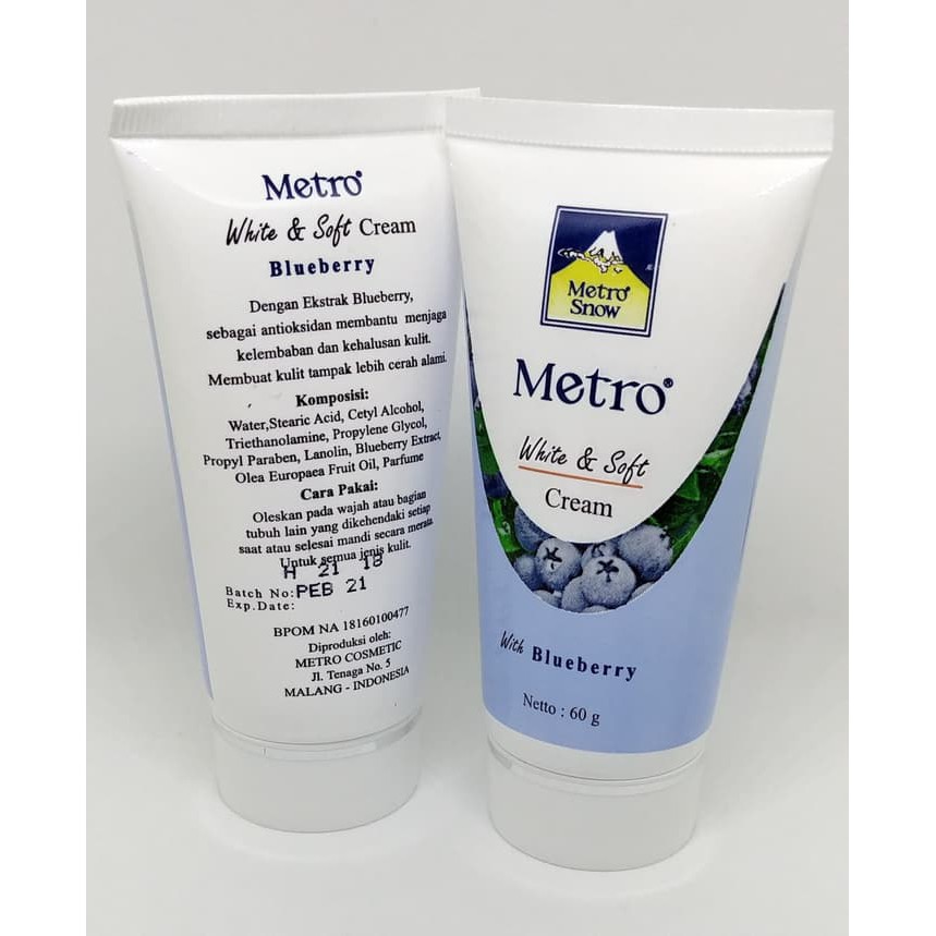 METRO SNOW WHITE CREAM TUBE WITH BLUEBERRY 60 GRAM BPOM