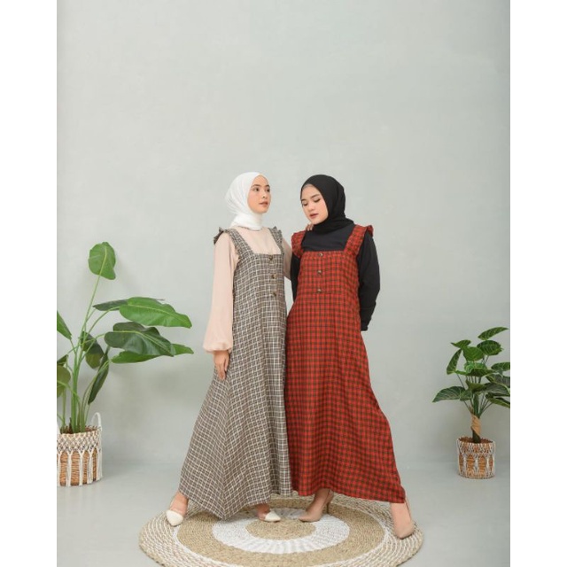 setelan dress  2in1-gamis overall- gamis remaja kekinian - gamis Kotak kotak - gamis kodok - dress p