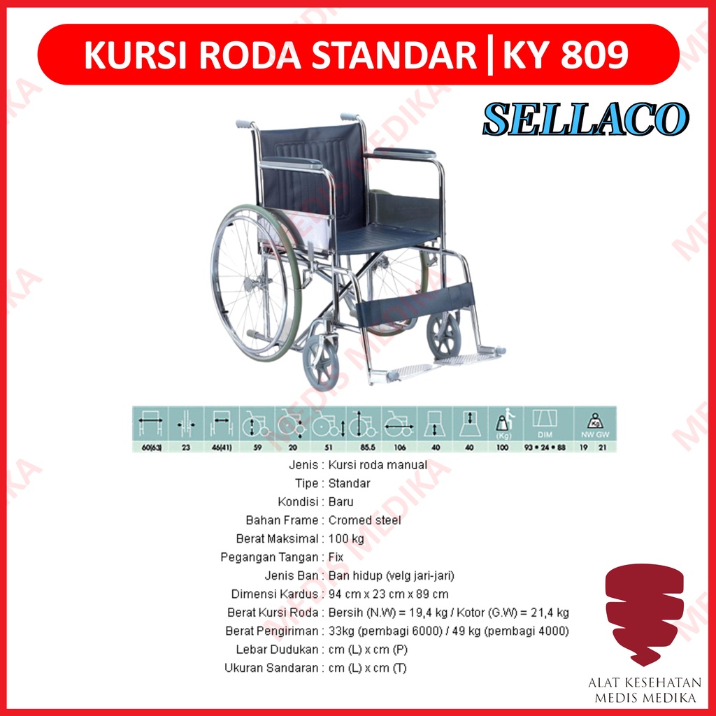 Kursi Roda Standar Sella KY809 Alat Bantu Jalan Putih Sella KY 809