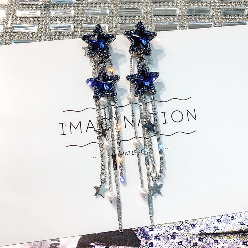 Anting s925 silver needle Bentuk pentagram Aksen Kristal Mutiara Rumbai Gaya Korea Untuk Wanita