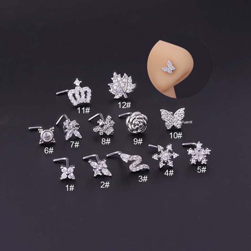 1pc Anting Tindik Hidung Bentuk L Bahan Stainless Steel Hias Zircon 20gauge Butterflylebahbunga Mawar