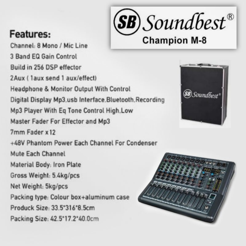 mixer audio 8 channel original soundbest champion 8 usb bluetooth mp3