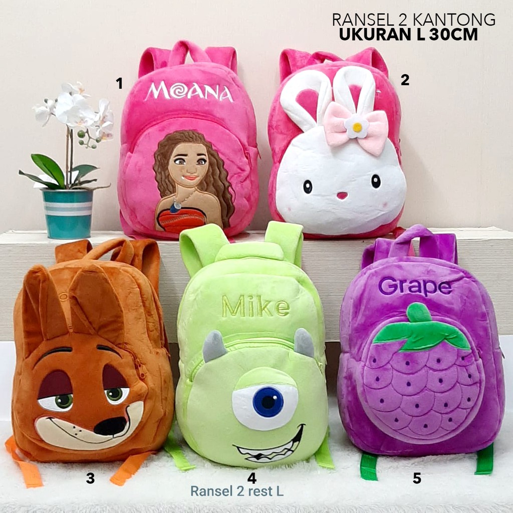 Ransel boneka TK pooh ben ten rabbit sofia ikan dori mario minion mike wazowski sulivan sekolah