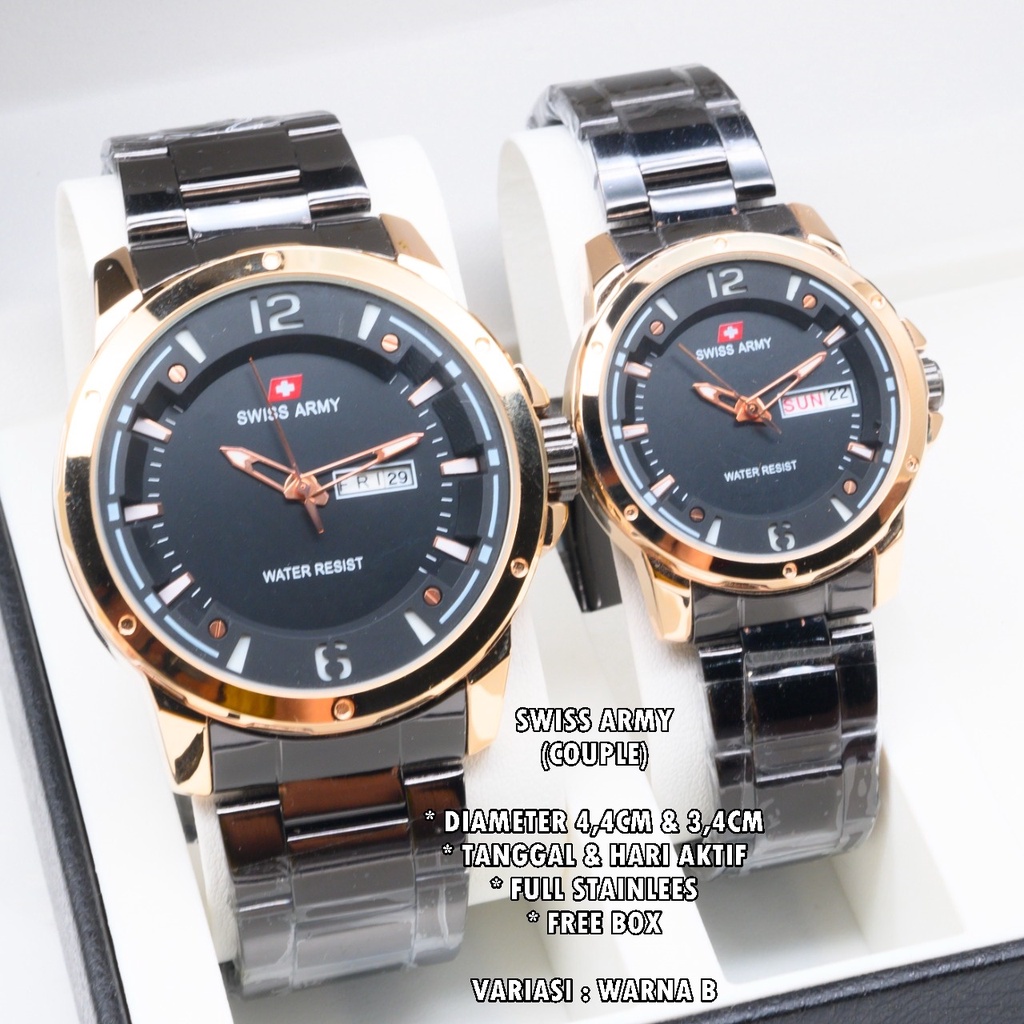 JAM TANGAN COUPLE FASHION RANTAI BODY BULAT TANGGAL &amp; HARI AKTIF