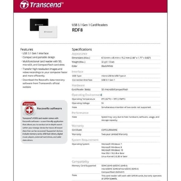 Transcend Card Reader RDF8K USB 3.0 - Black