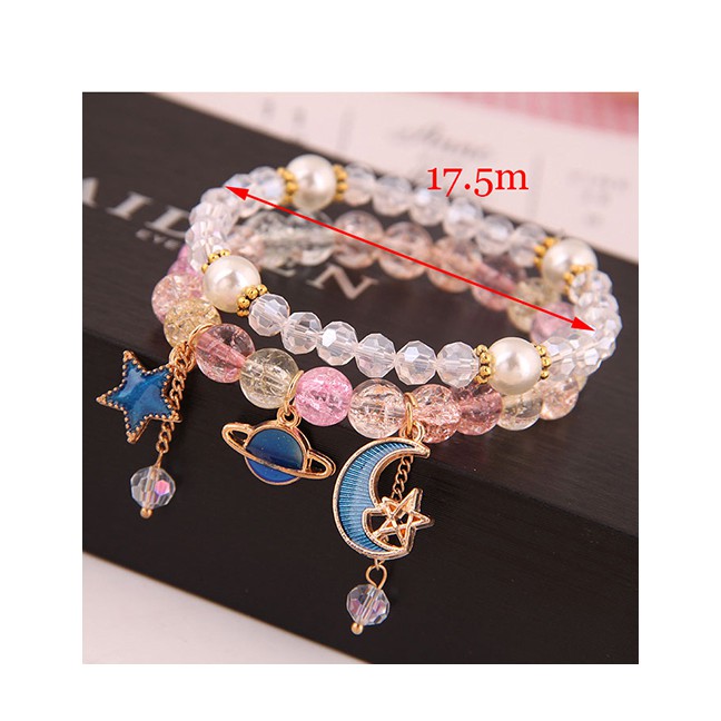 LRC Gelang Tangan Fashion Gold Popcorn Crystal Glass Beads Double Bracelet A58733