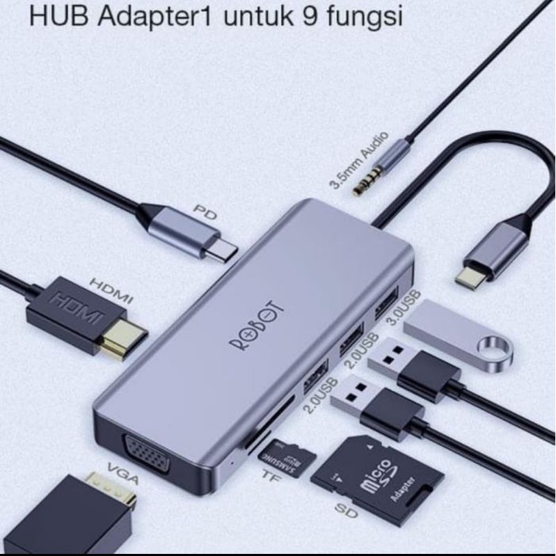 Robot HT390 Hub 9 in 1 Adapter Type C for Macbook Air Mac Pro Ipad Pro