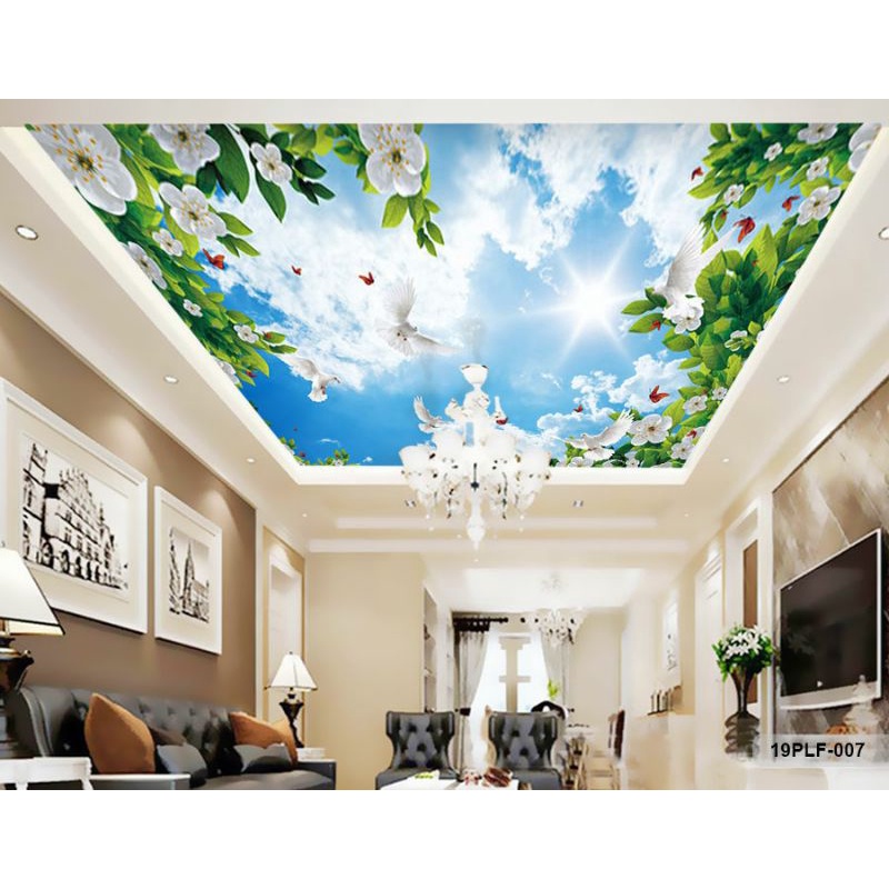 Wallpaper 3D Custom Plafon Awan Biru Daun Hijau Bunga Melati Merpati Putih (19PLF-007)