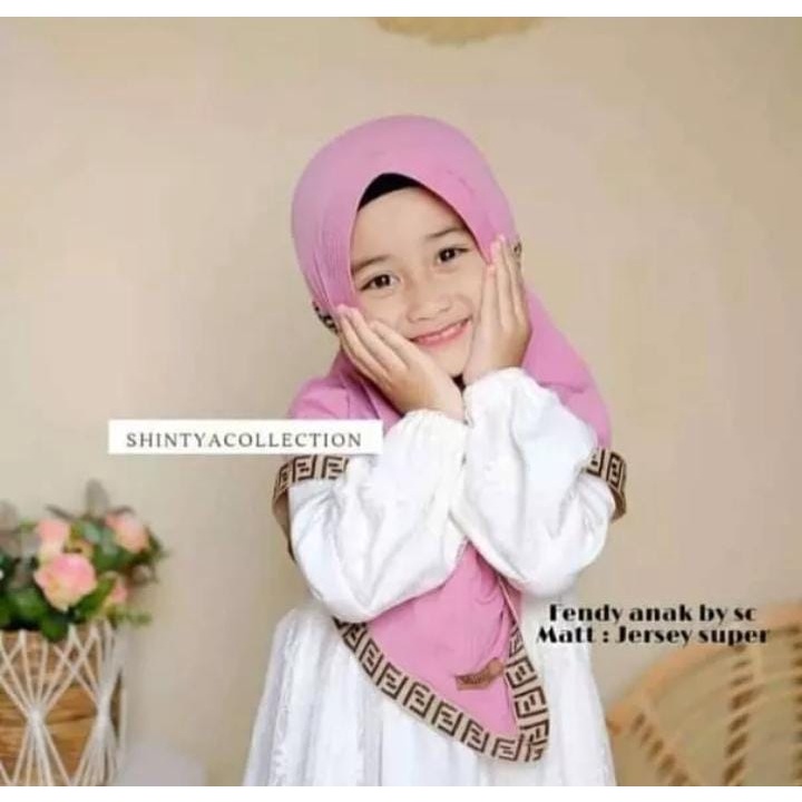 kerudung instan jersey bergo anak perempuan fendi umur 3-8 tahun bahan jersey hyget jumbo motif list tali serut ped antem terbaru