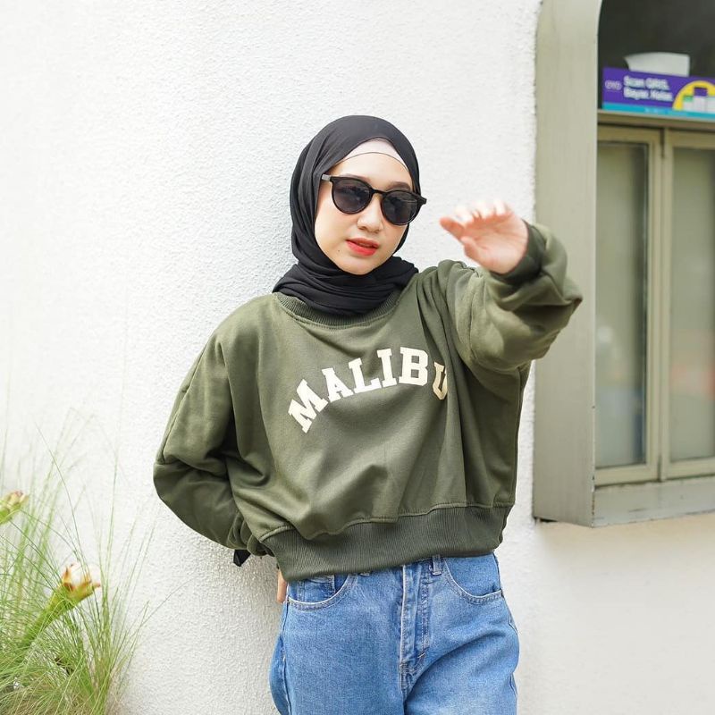 ARMY MALIBU CROP OVERSIZE SWEATER FLEECE WANITA TEBAL TERBARU'