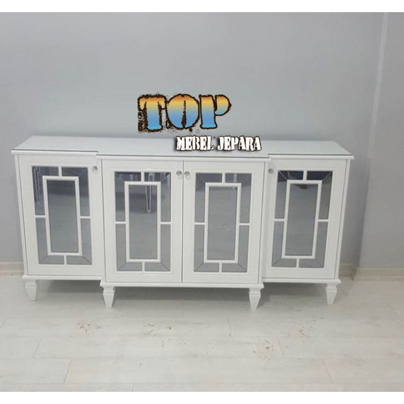 bufet hias cat putih duco,full kaca, mebel jepara, furniture