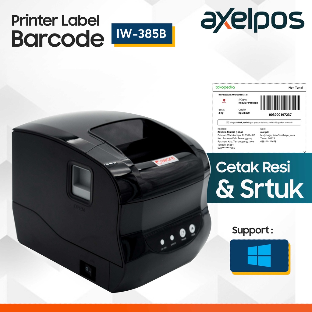 PRINTER LABEL BARCODE THERMAL DAN STRUK KASIR IWARE IW-385B USB - LAN