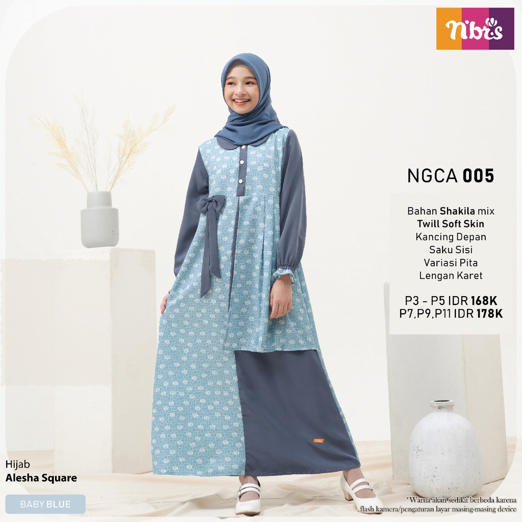 Baju Couple Ibu &amp; Anak By Nibras NGC 05 dan NGCA 05 Warna Baby Blue Material Bahan Shakila mix Twill Soft Skin Pakaian Muslim Wanita Terbaru Terlaris