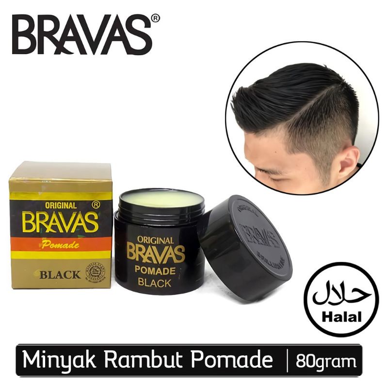 BRAVAS Pomade Oil Based BLACK 80G Medium Hold Berbasis Minyak Rambut Halal Brilliantine