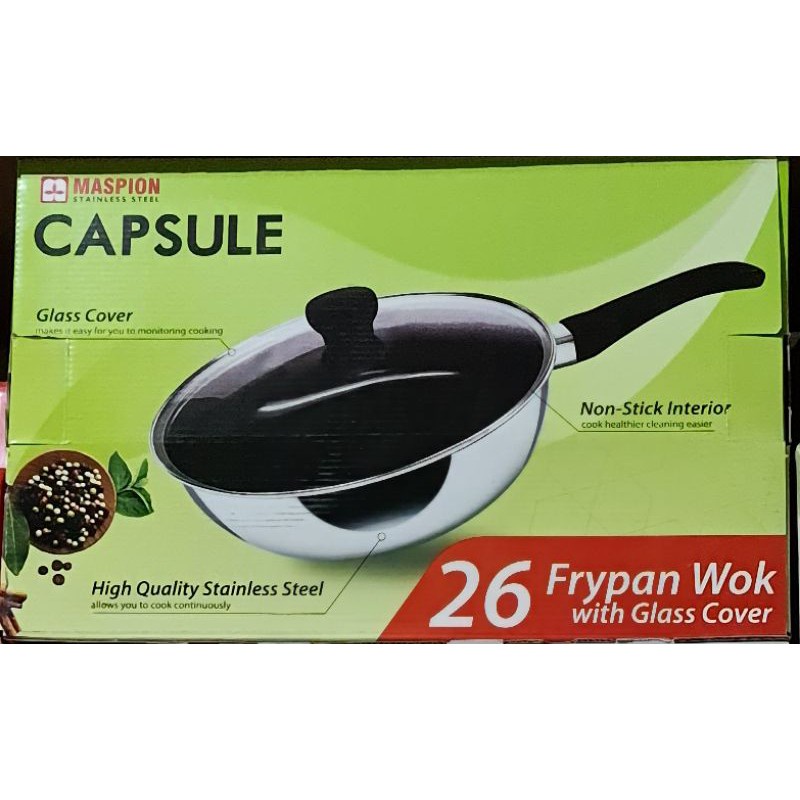 Maspion Frypan Wok Capsule 26 cm - Wajan Stainless Steel Anti Lengket + tutup kaca